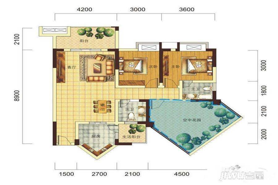 山水天城2室2厅2卫115㎡户型图