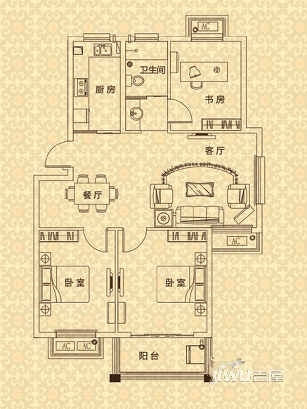 恒通康城3室2厅1卫96㎡户型图