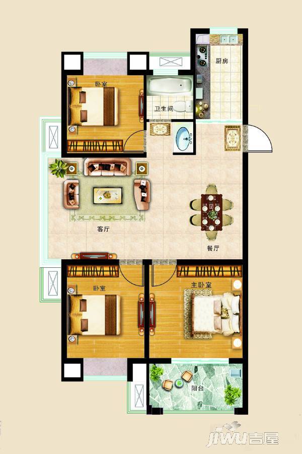 幸福里花园3室2厅1卫96㎡户型图