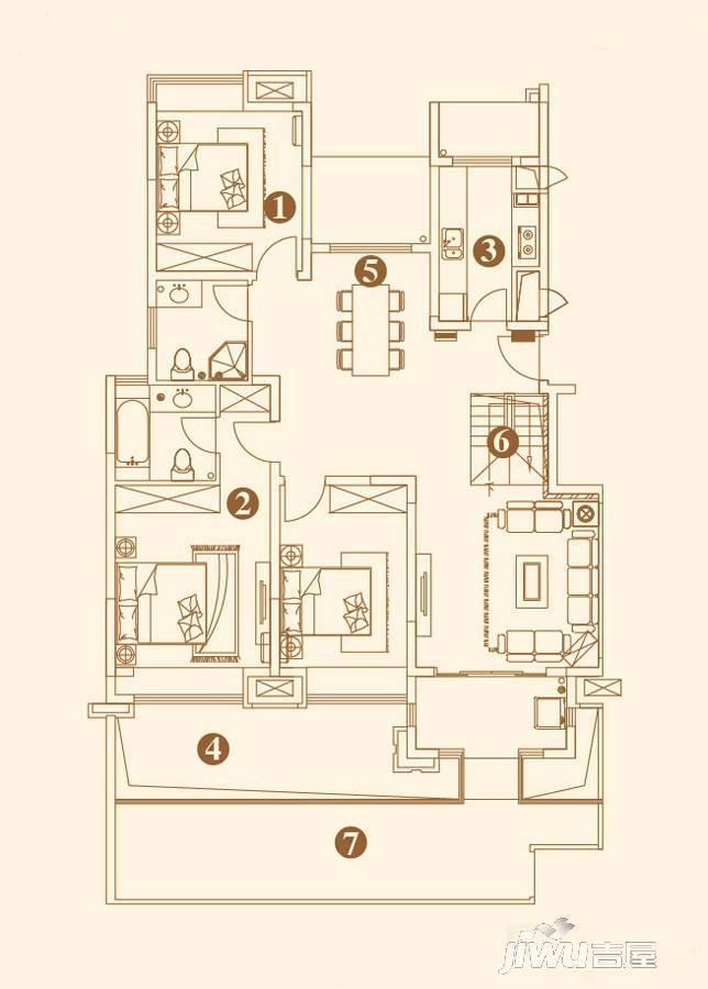 深物业湖畔御景3室2厅2卫124㎡户型图