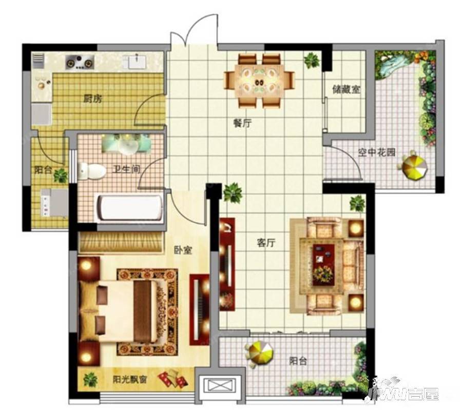 华昇沁园2室1厅1卫96㎡户型图