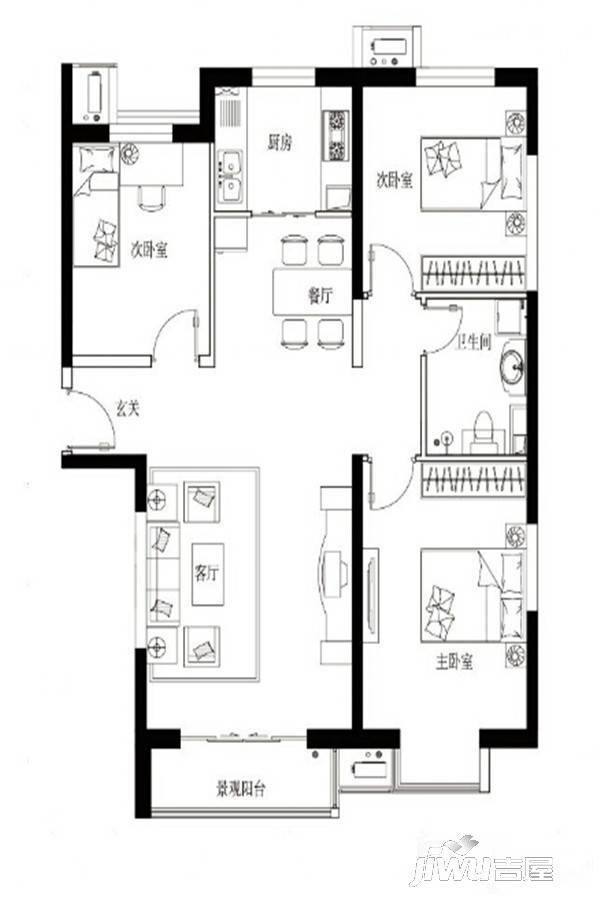 津西东湖湾3室2厅1卫112.3㎡户型图