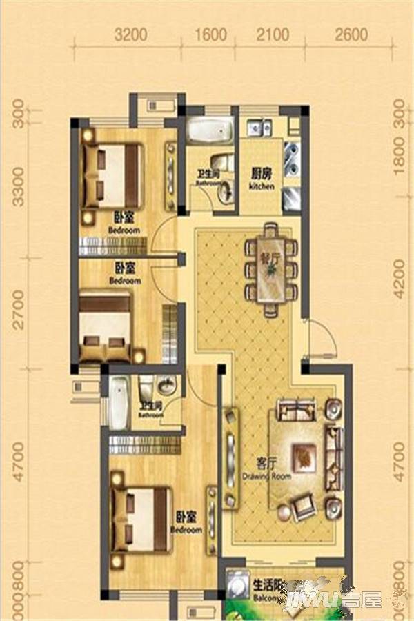 恒伟江南名楼3室2厅2卫93.8㎡户型图