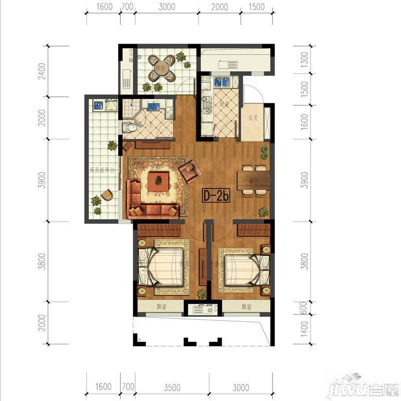 金地自在城2室2厅1卫88.6㎡户型图