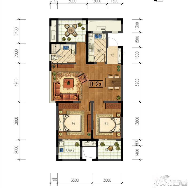 金地自在城2室2厅1卫88.6㎡户型图