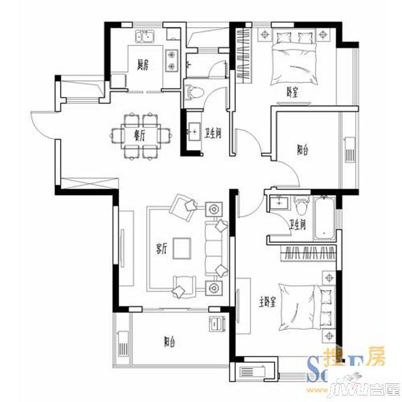 金地自在城3室2厅2卫122㎡户型图