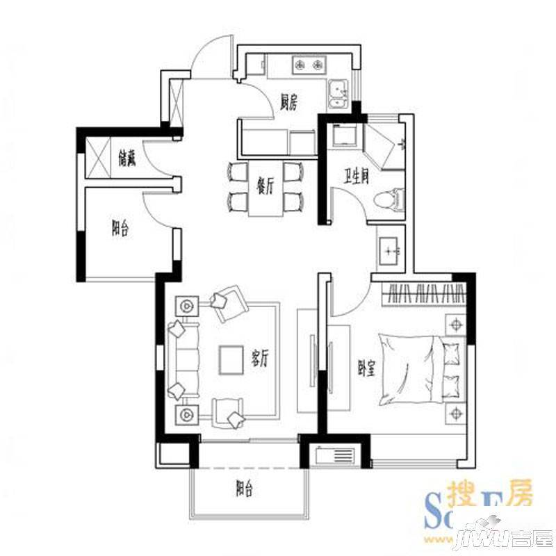 金地自在城2室2厅1卫77㎡户型图