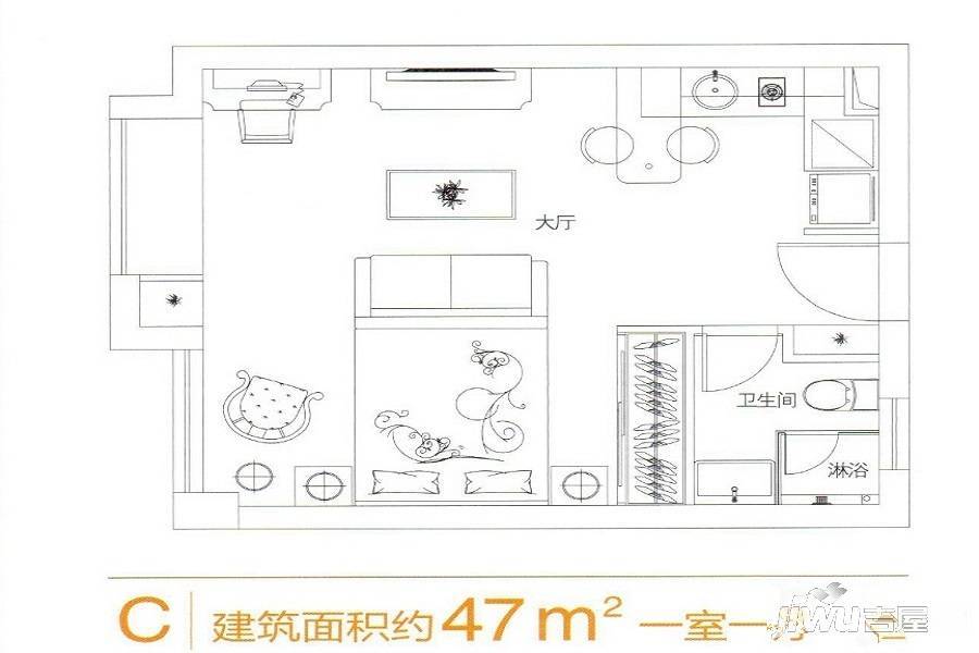 杭州香港城1室1厅1卫47㎡户型图