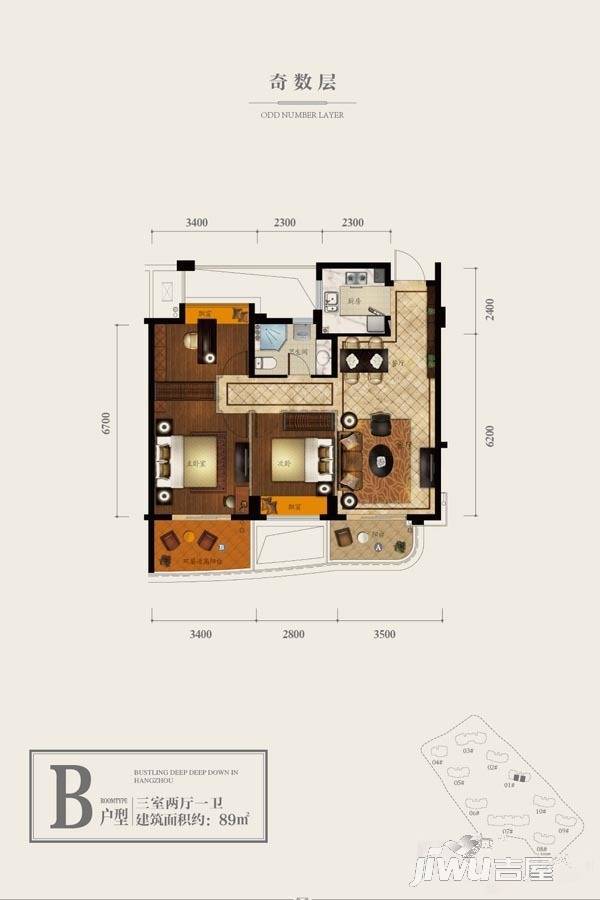 信宇锦润公寓3室2厅1卫89㎡户型图