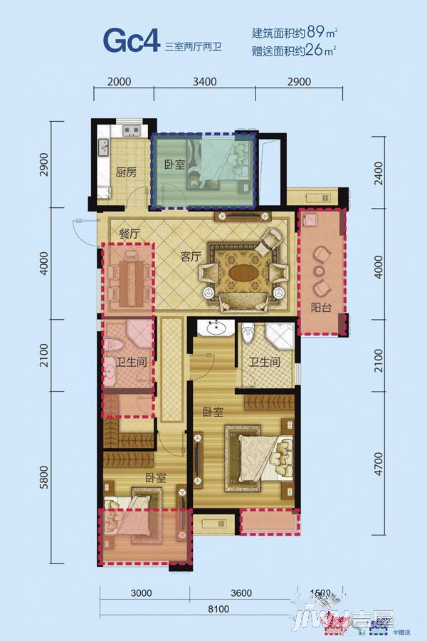 蓝色嘉园3室2厅2卫89㎡户型图