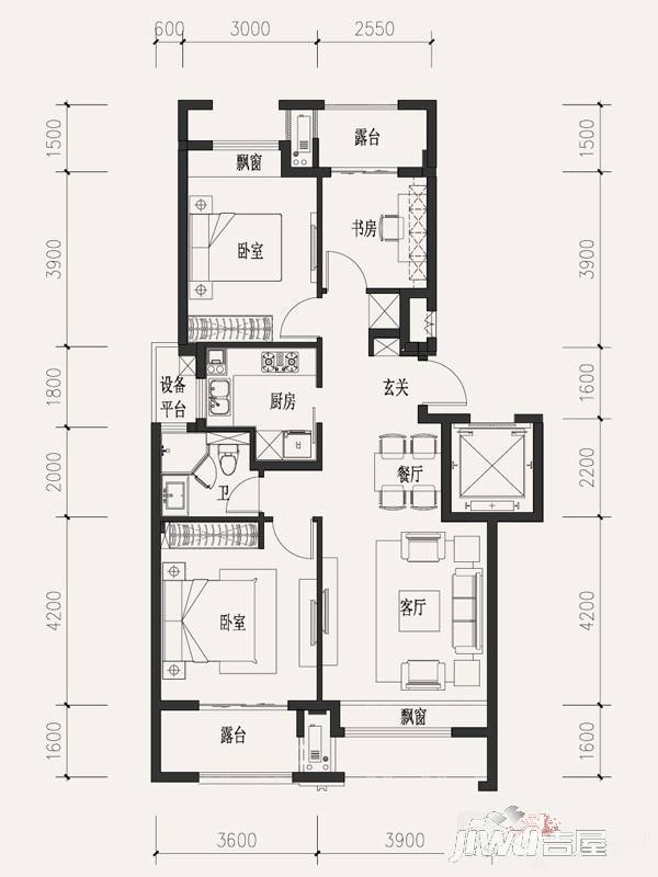 富力西溪悦居溪区3室2厅1卫89㎡户型图