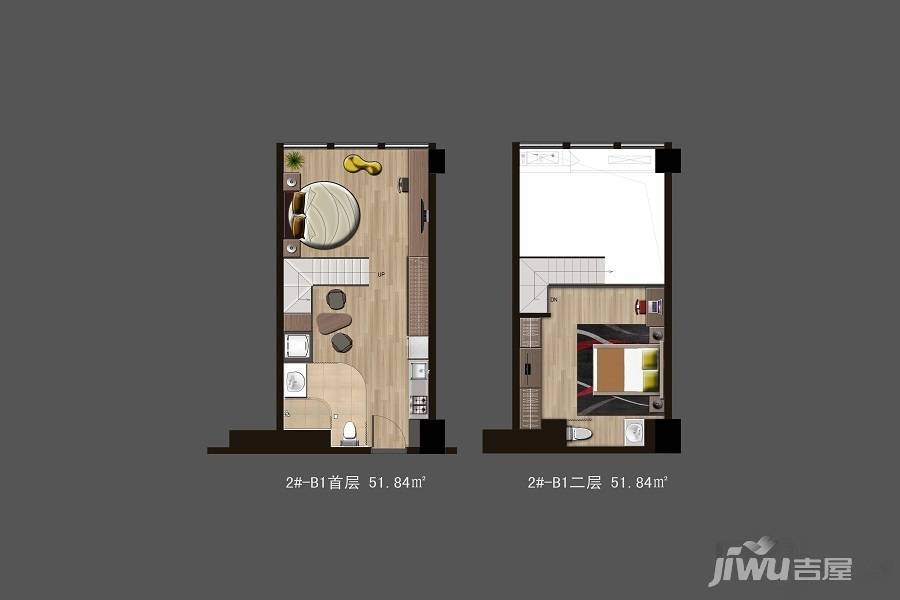 华元西溪欢乐城1室2厅2卫51.8㎡户型图