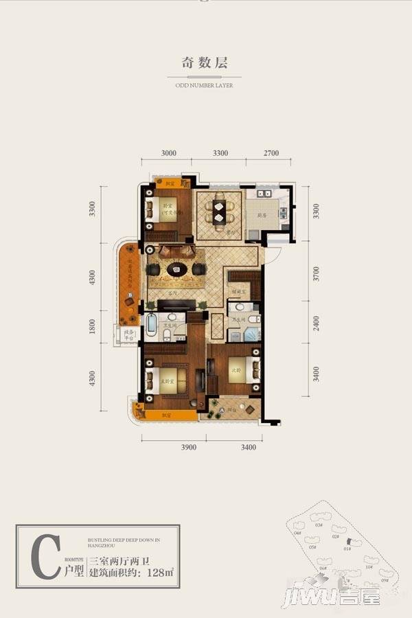 信宇锦润公寓3室2厅2卫128㎡户型图