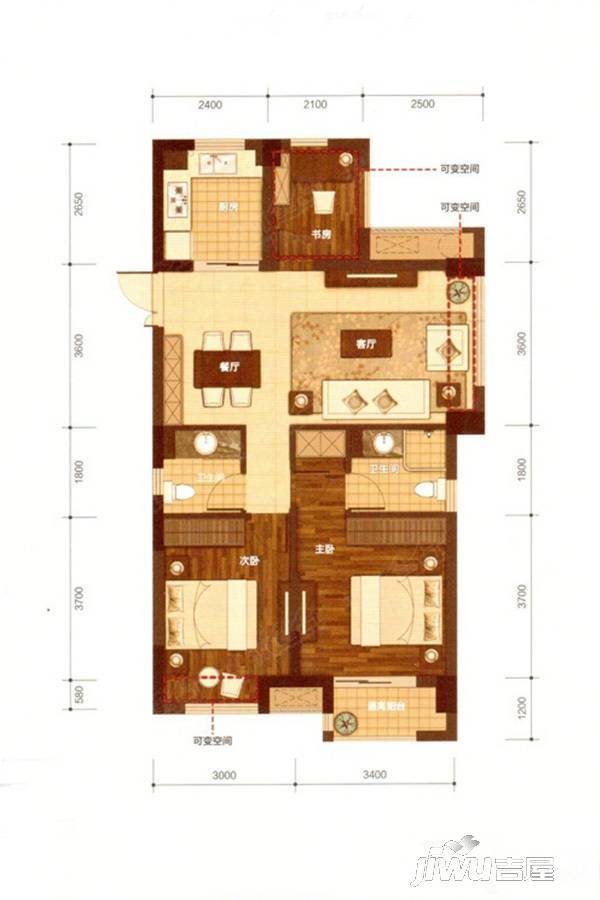 赞成赞城3室2厅2卫88㎡户型图