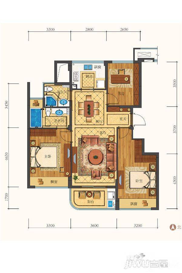 滨江江南之星3室2厅2卫89㎡户型图