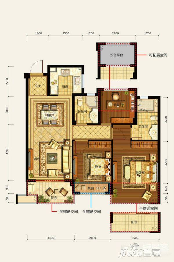 滨江德信东方星城3室2厅2卫89㎡户型图