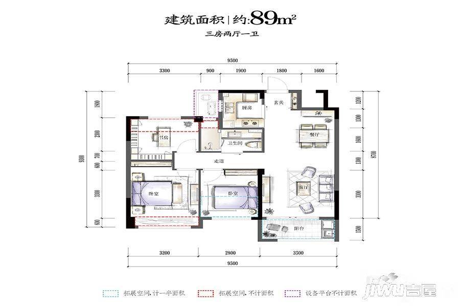 华夏四季3室2厅1卫89㎡户型图