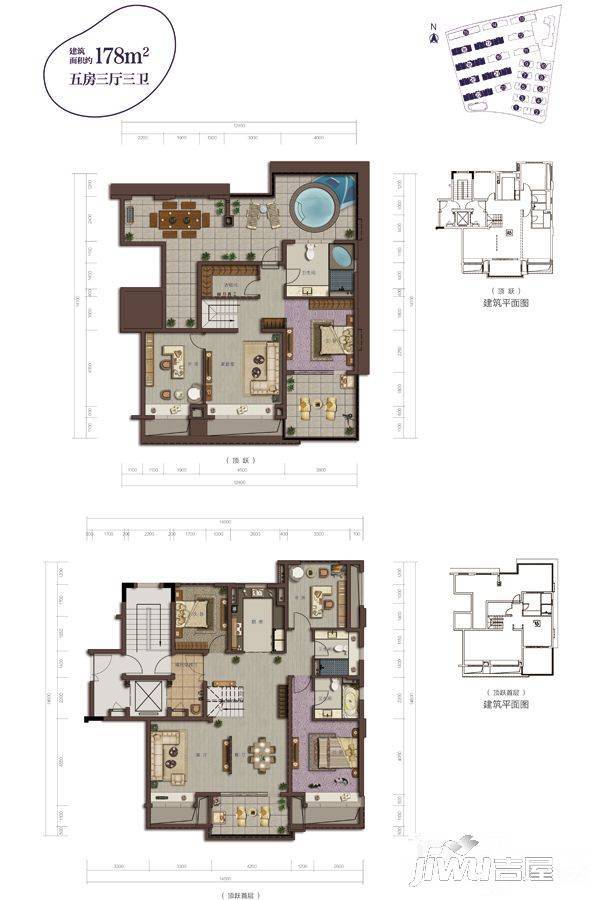 香港兴业耦园5室3厅3卫178㎡户型图