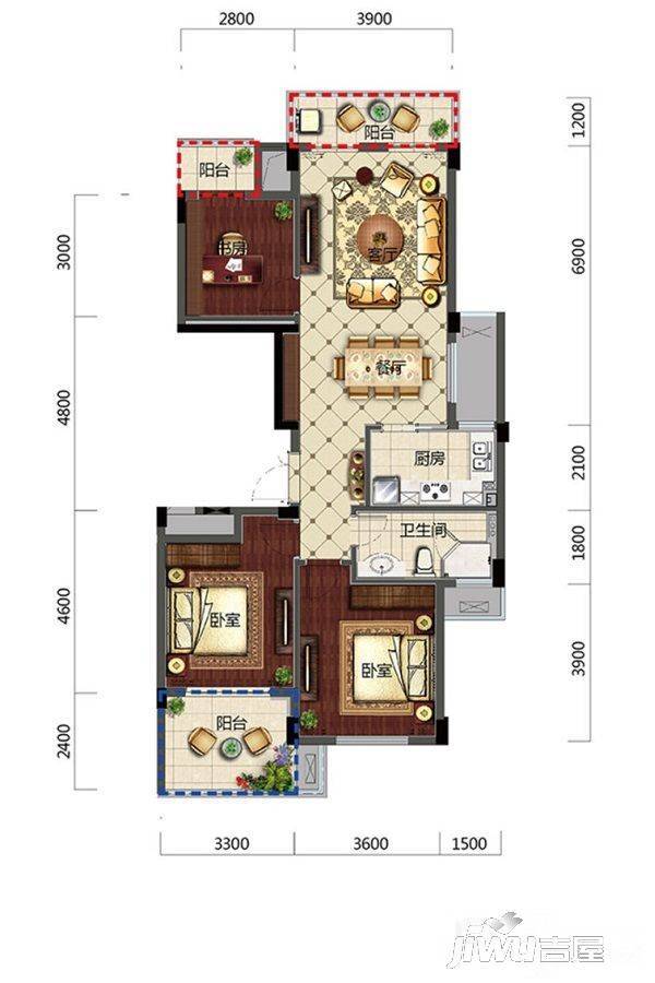 滨江大江之星3室2厅1卫110㎡户型图