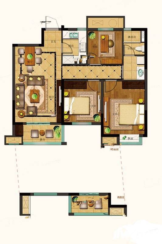 中铁九逸3室2厅1卫88㎡户型图