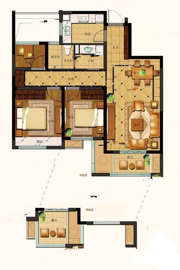 中铁九逸3室2厅2卫87㎡户型图