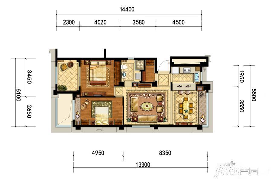 中企艮山府2室2厅1卫88㎡户型图