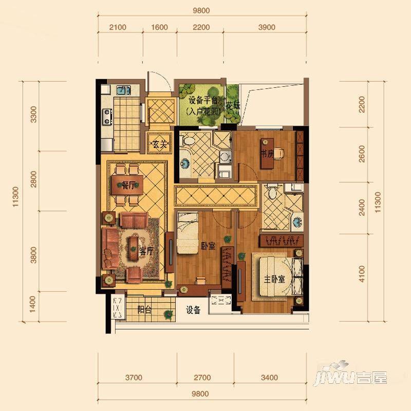 绿城玉兰花园3室2厅2卫99㎡户型图