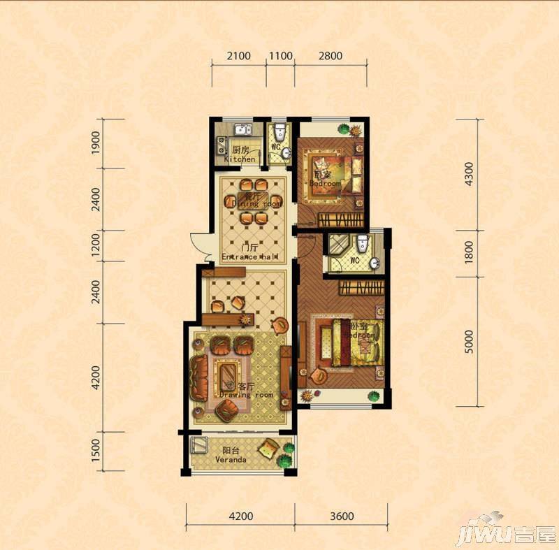 锦尚唐宁郡2室2厅2卫94㎡户型图