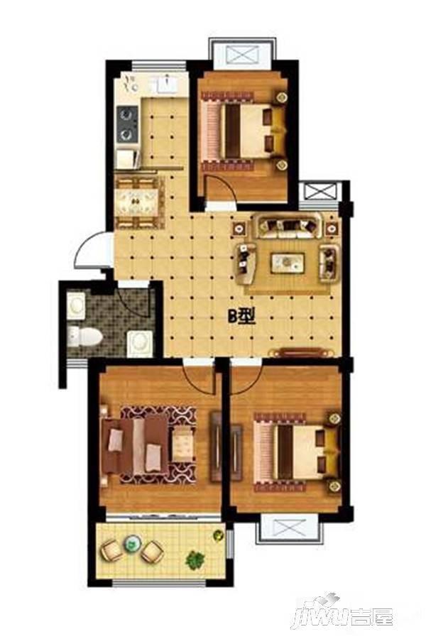 中海丽景豪庭3室2厅1卫95㎡户型图