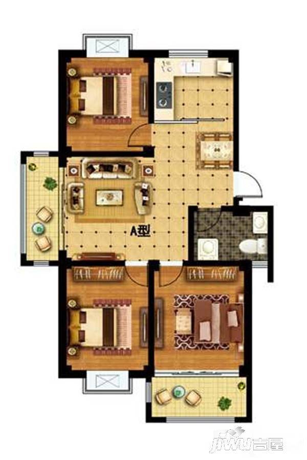 中海丽景豪庭3室2厅1卫108㎡户型图