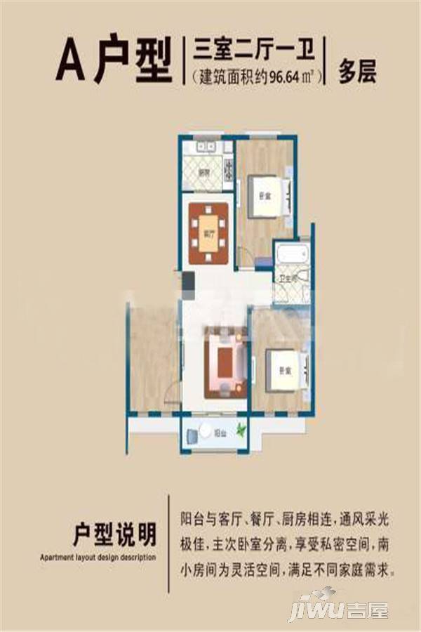 睢宁学府茗苑3室2厅1卫96.6㎡户型图