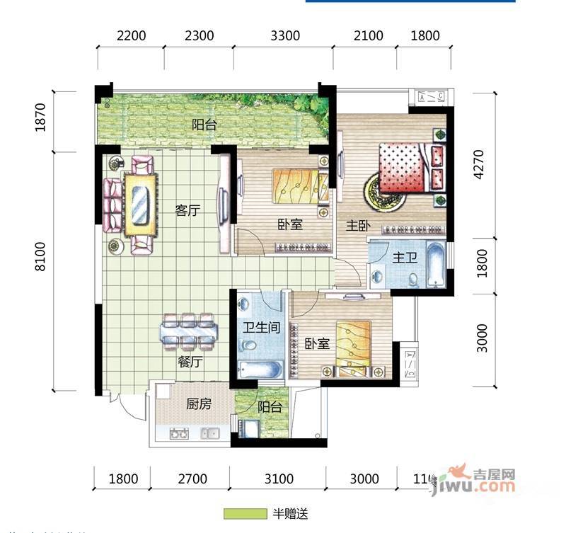 裕达建材家居广场3室2厅2卫124㎡户型图