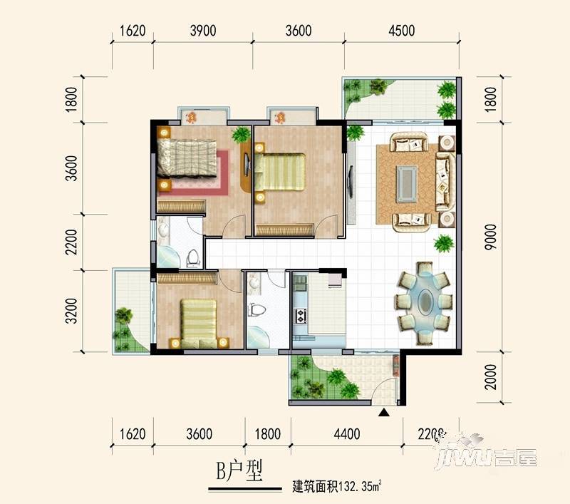 华发金象郦郡3室2厅2卫132.3㎡户型图