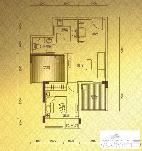 新长江香榭琴台1室2厅1卫57.2㎡户型图