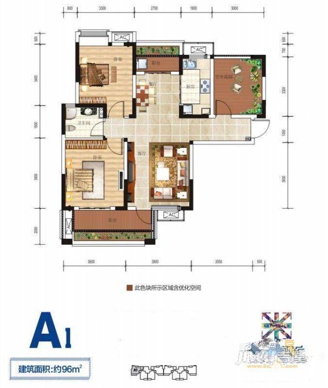 保利海上五月花二期2室2厅1卫96㎡户型图