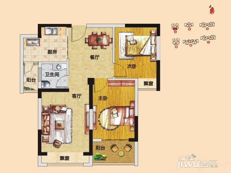 八方明珠2室2厅1卫77.7㎡户型图