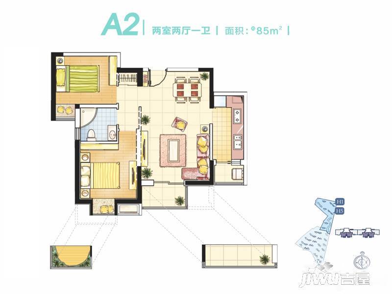 凯德悦湖2室2厅1卫85㎡户型图