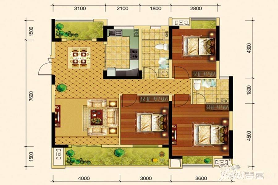 龙山观邸3室2厅2卫126.5㎡户型图