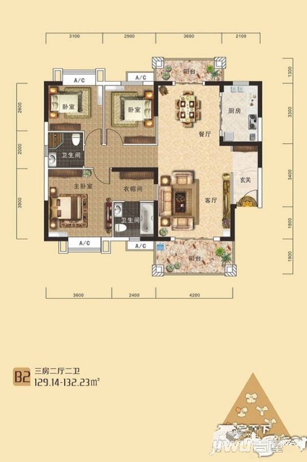 南国明珠四期揽湖3室2厅2卫129㎡户型图