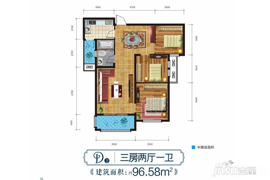 美联德玛假日3室2厅1卫96.6㎡户型图