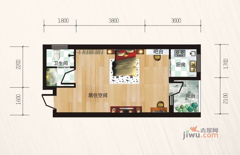 桃花源1室1厅1卫43㎡户型图