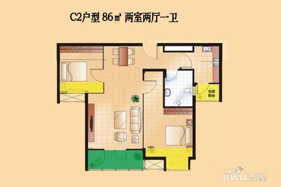 翰林雅居二期玺园2室2厅1卫86㎡户型图