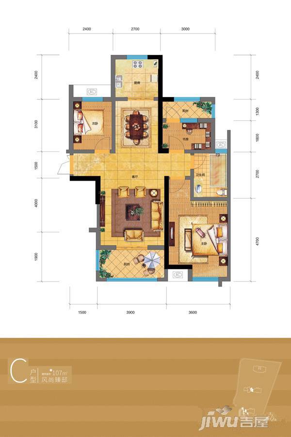 汇博苑3室2厅1卫107㎡户型图