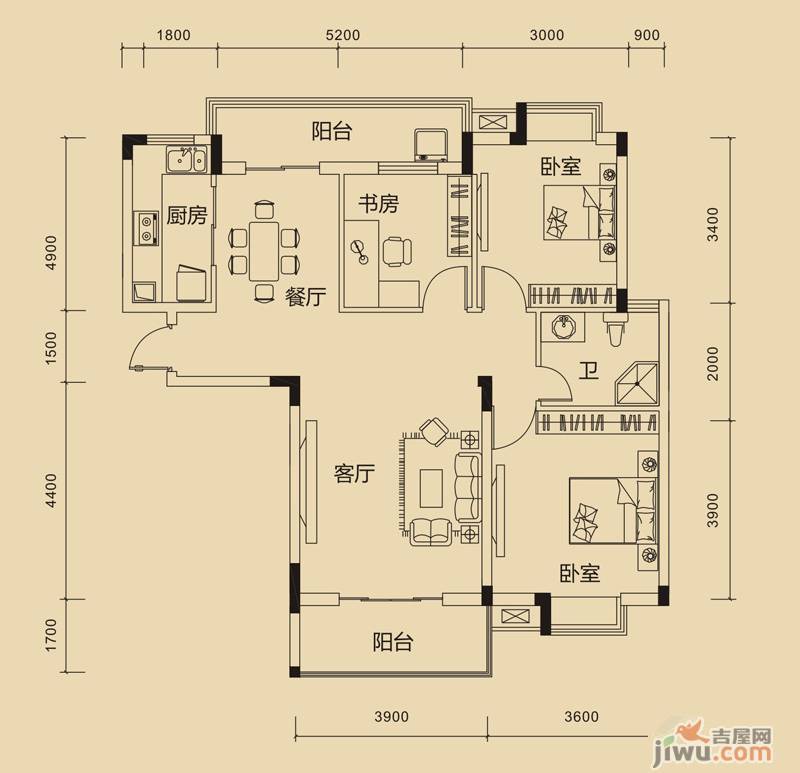 湖墅观止莱特城3室2厅1卫99.9㎡户型图