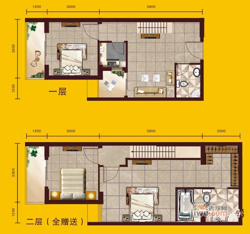 武汉SOHO商铺3室1厅2卫49.7㎡户型图