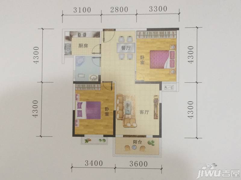 知音首府三期2室2厅1卫87.2㎡户型图