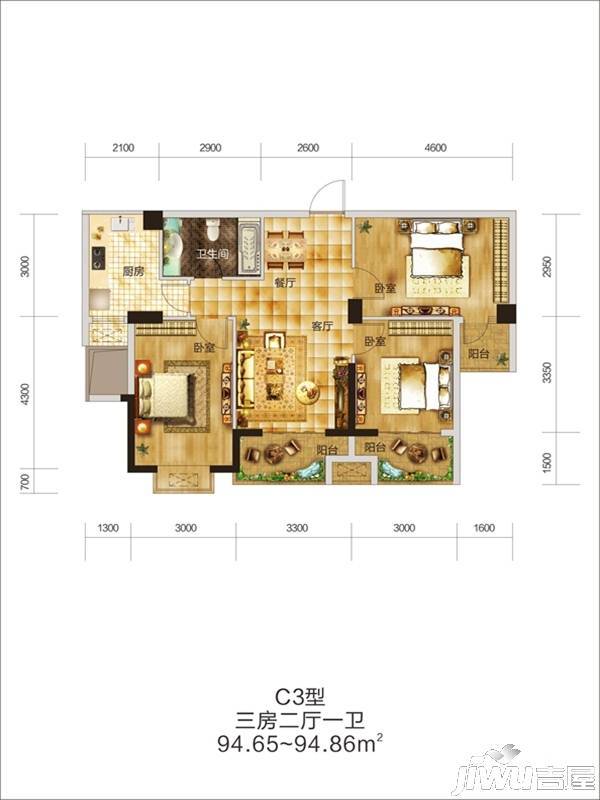 楚夏花园懒公馆3室2厅1卫94.7㎡户型图