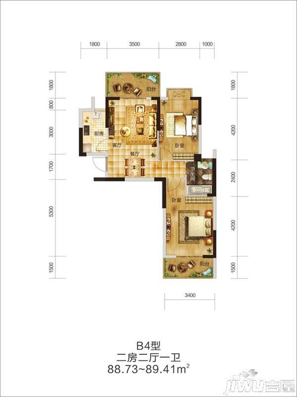 楚夏花园懒公馆2室2厅1卫88.7㎡户型图