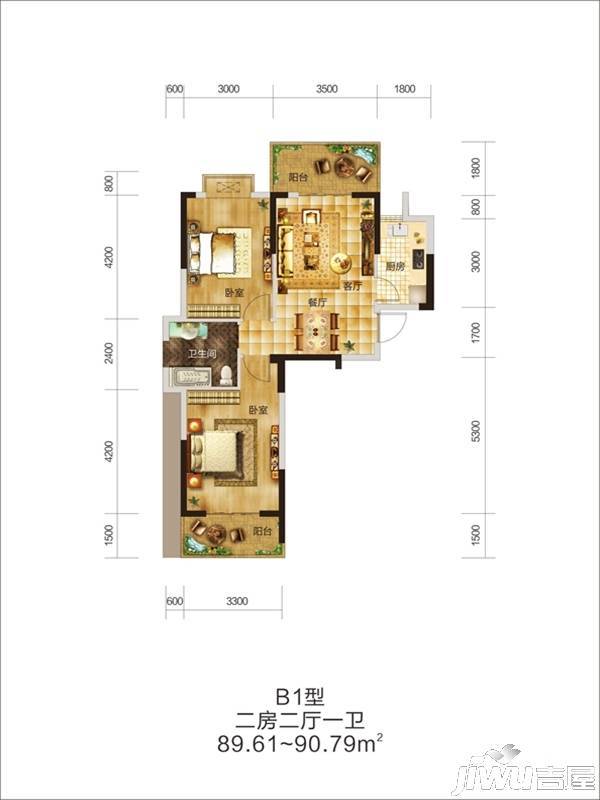 楚夏花园懒公馆2室2厅1卫89.6㎡户型图