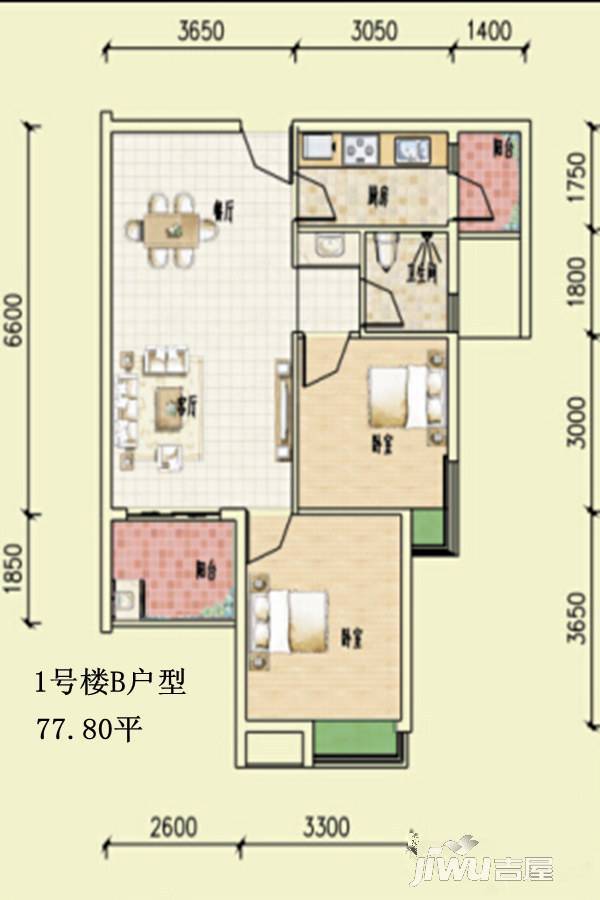 青城阳光2室2厅1卫77.8㎡户型图